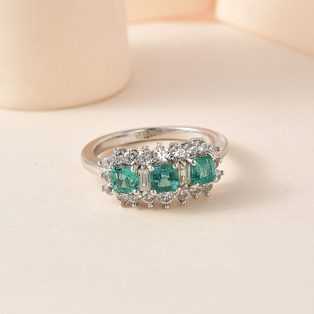 Gemfields Emerald and Natural Zircon Ring in Platinum Overlay Sterling Silver 2.00 Ct.
