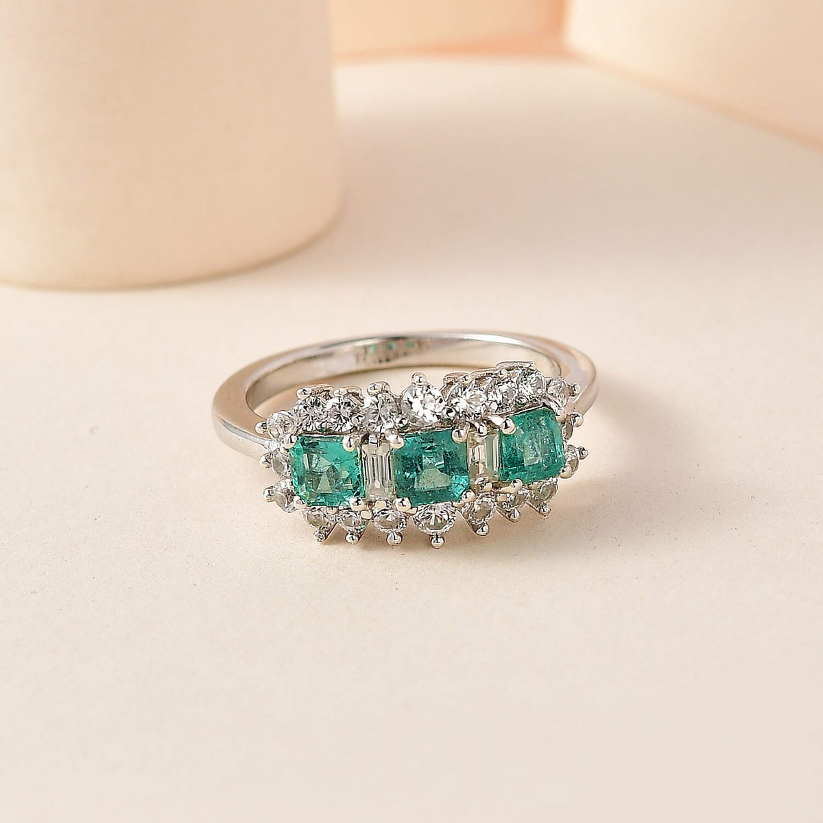 Gemfields Emerald and Natural Zircon Ring in Platinum Overlay Sterling Silver 2.00 Ct. 7730465 1