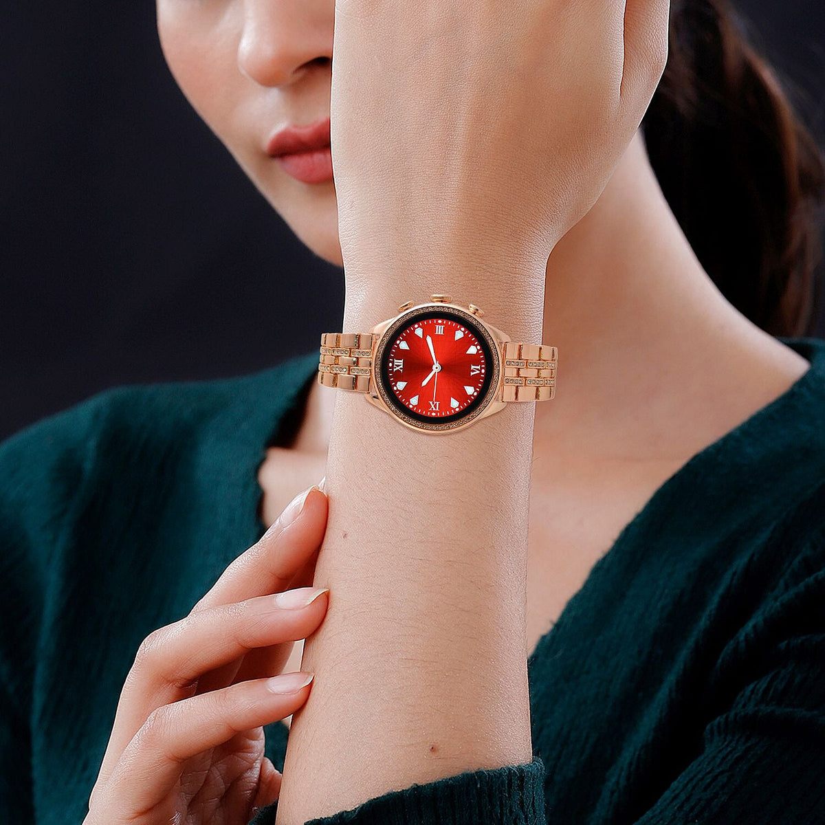 LIQUIDATION DEAL- Rose Gold Dial Crystal Studded Smartwatch with Daily Fit App &amp; 4 Piece Different Spare Straps (Compatible with Android 5, Apple iOS 9 or Above) 7733191 4