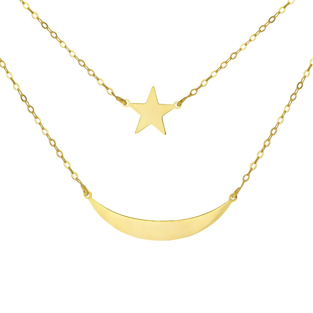 Bond Street Closeout -9K Yellow Gold Moon & Star 2 Layer Necklace (Size - 19)