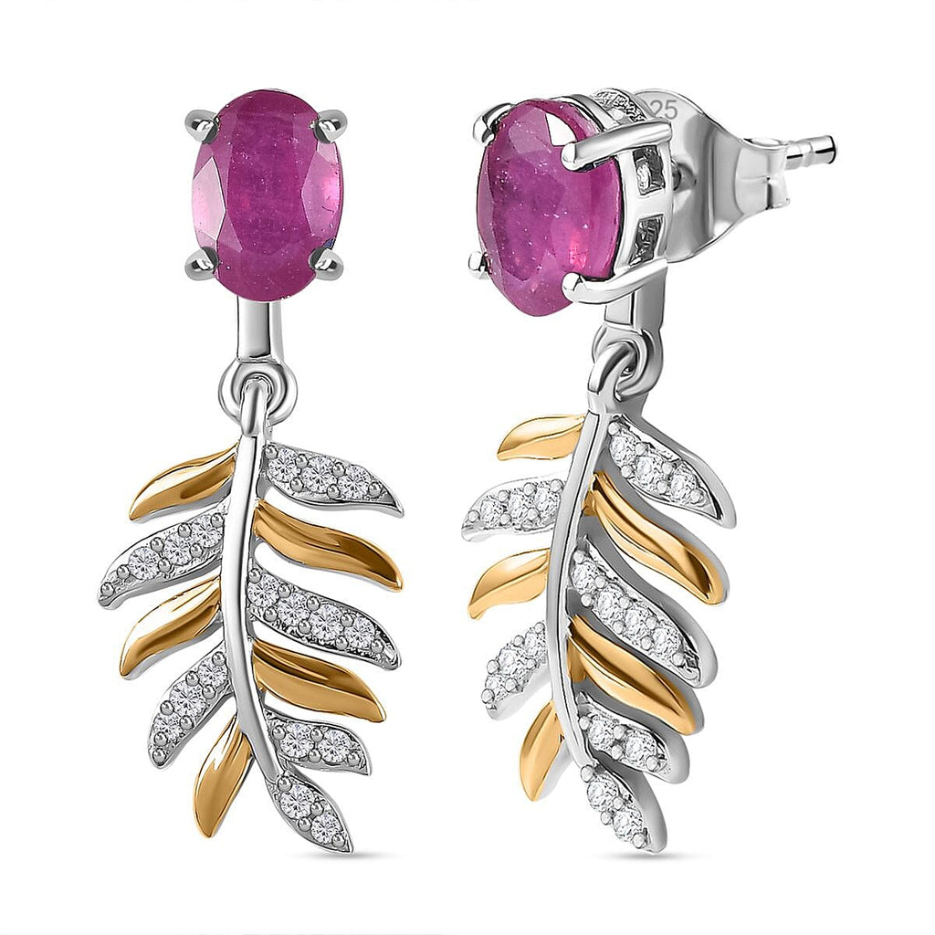 African Ruby & Natural Zircon Dangling Earrings in Sterling Silver 2.70 Ct.