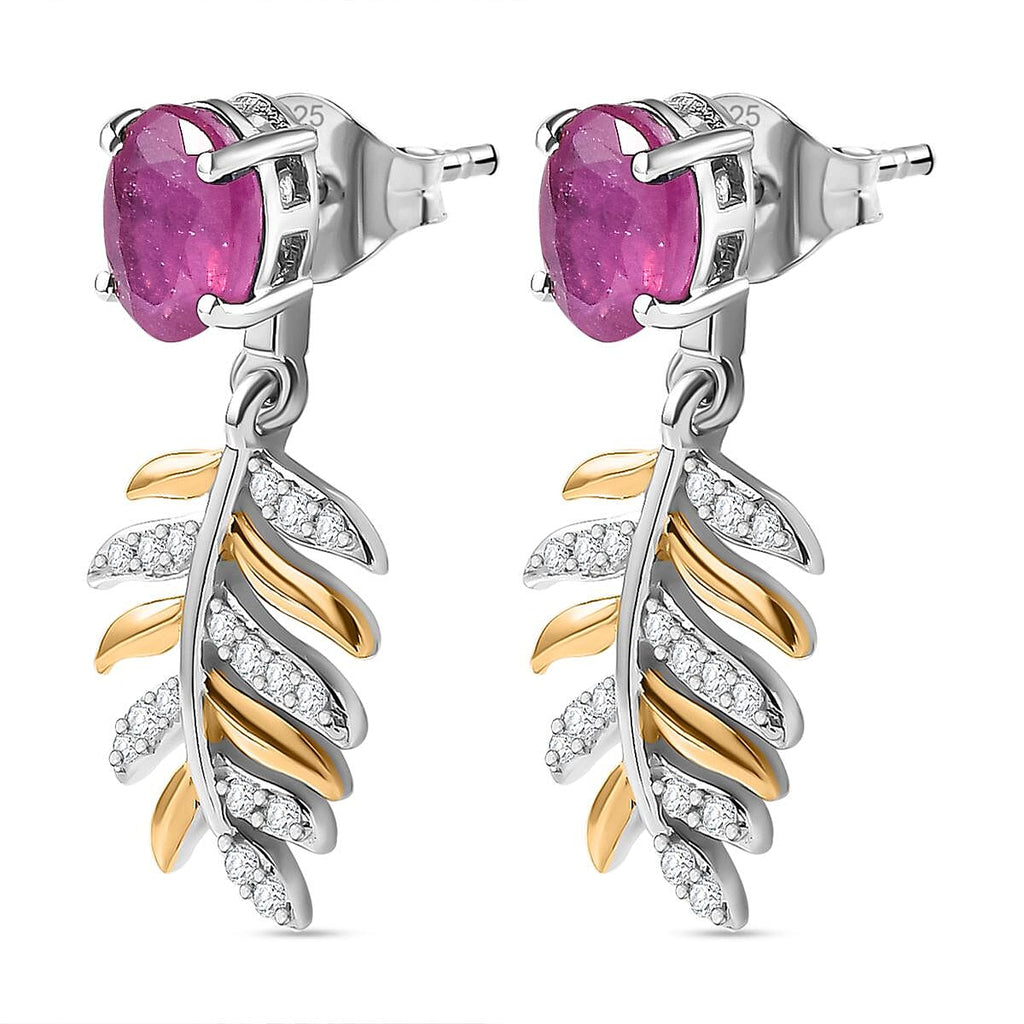 African Ruby & Natural Zircon Dangling Earrings in Sterling Silver 2.70 Ct.