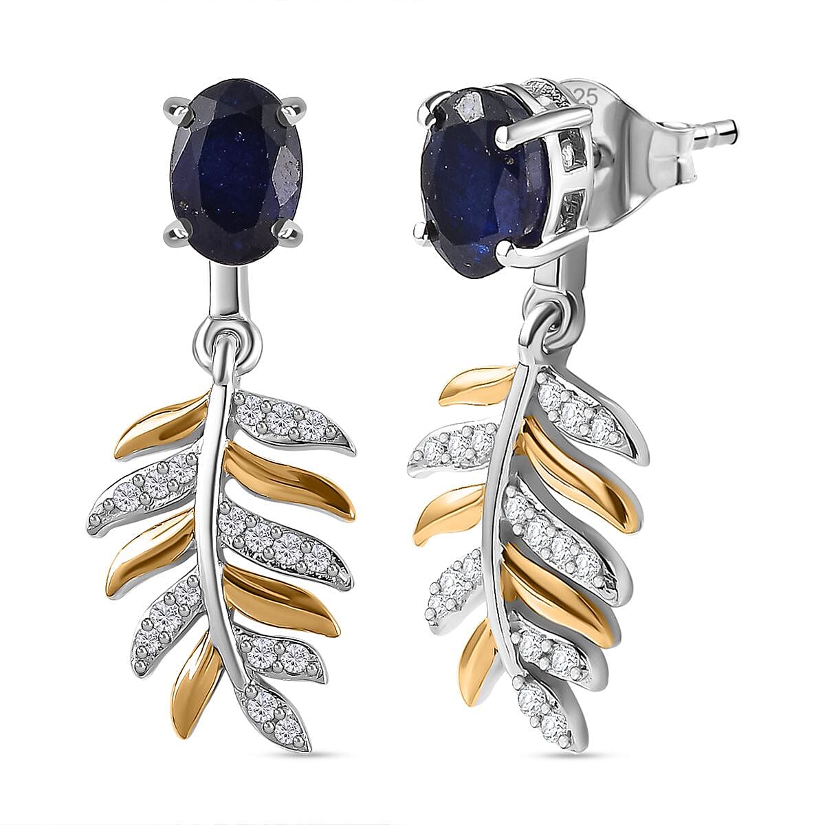 Masoala Sapphire &amp; Natural Zircon Dangle Earrings in Platinum &amp; 18K Vermeil YG Plated Sterling Silver 2.75 Ct. 7739956 0