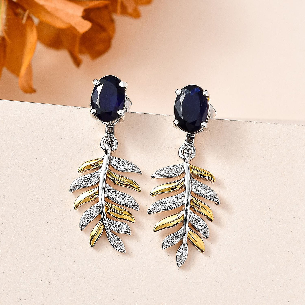 Masoala Sapphire &amp; Natural Zircon Dangle Earrings in Platinum &amp; 18K Vermeil YG Plated Sterling Silver 2.75 Ct. 7739956 2