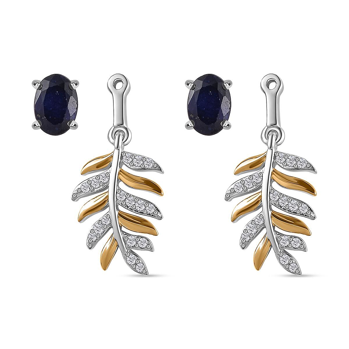Masoala Sapphire &amp; Natural Zircon Dangle Earrings in Platinum &amp; 18K Vermeil YG Plated Sterling Silver 2.75 Ct. 7739956 4