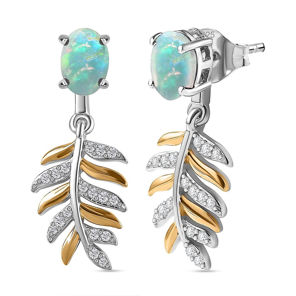 Ethiopian Welo Opal & Natural Zircon Leaf Dangle Earrings in Sterling Silver 2.38 Ct
