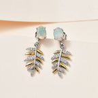 Ethiopian Welo Opal & Natural Zircon Leaf Dangle Earrings in Sterling Silver 2.38 Ct