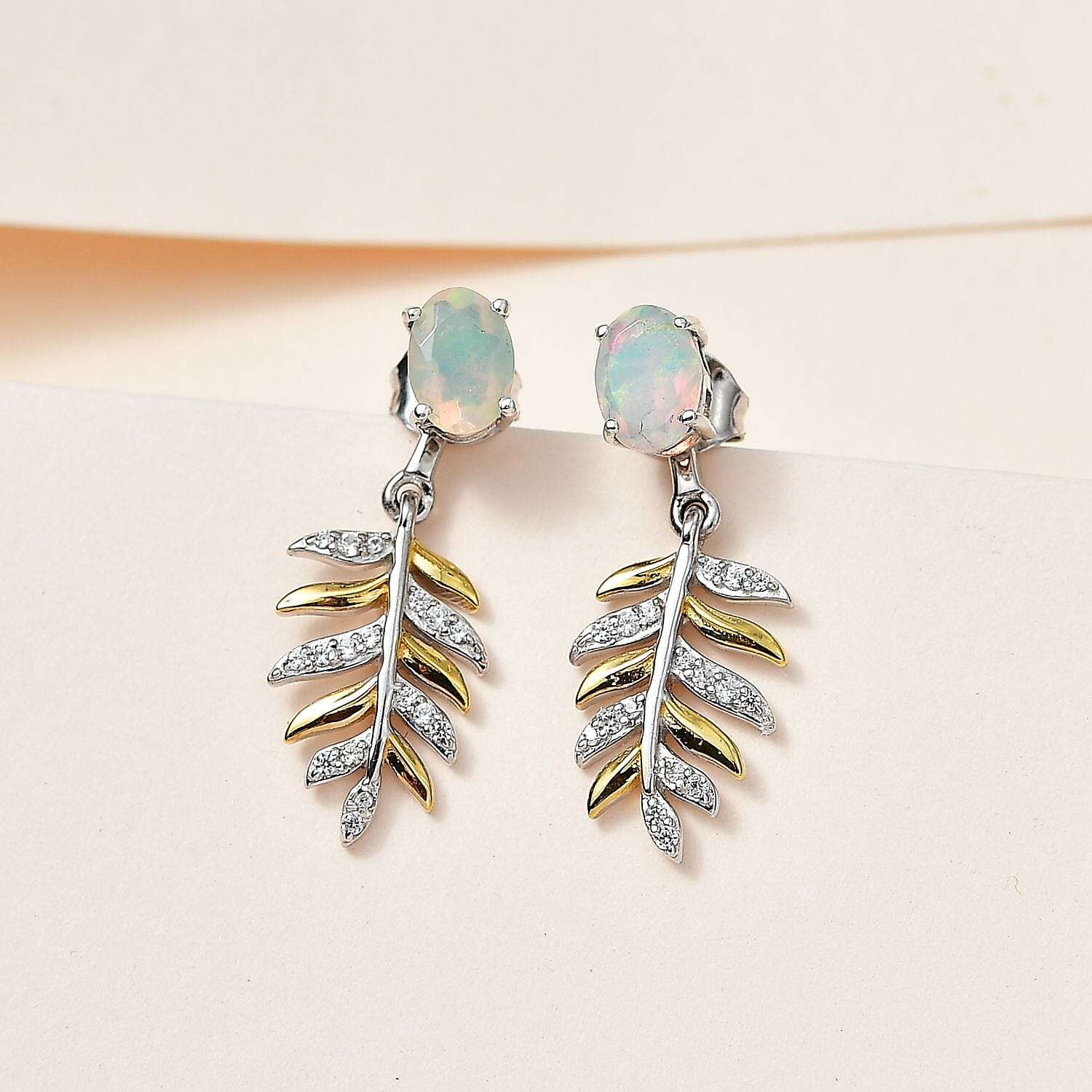Ethiopian Welo Opal &amp; Natural Zircon Leaf Dangle Earrings in Sterling Silver 2.38 Ct 7739964 2
