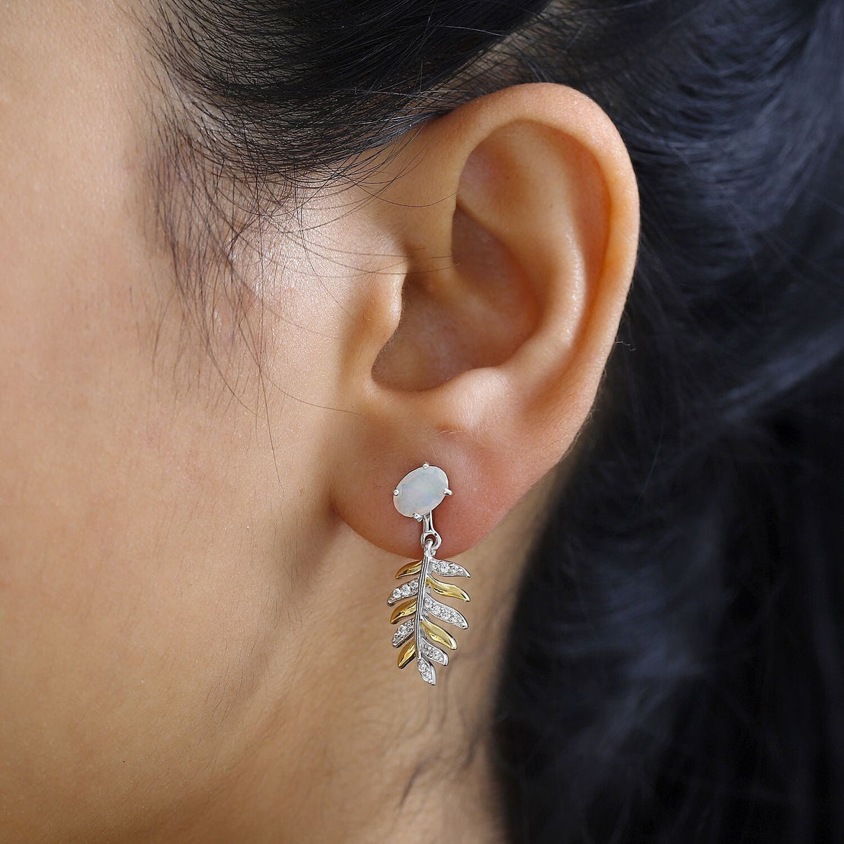 Ethiopian Welo Opal &amp; Natural Zircon Leaf Dangle Earrings in Sterling Silver 2.38 Ct 7739964 3