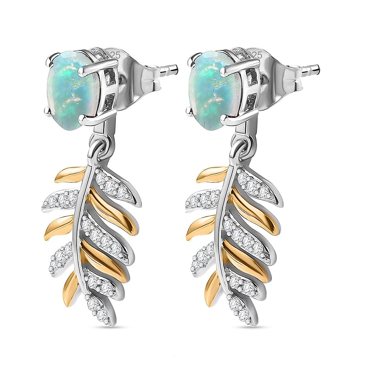 Ethiopian Welo Opal &amp; Natural Zircon Leaf Dangle Earrings in Sterling Silver 2.38 Ct 7739964 4