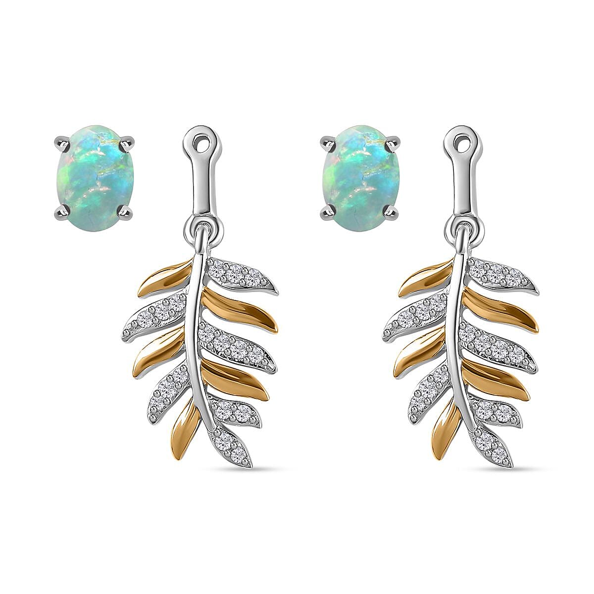 Ethiopian Welo Opal &amp; Natural Zircon Leaf Dangle Earrings in Sterling Silver 2.38 Ct 7739964 6