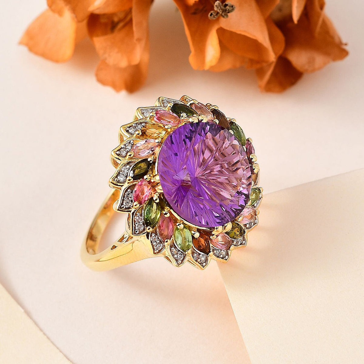 HANABI CUT - Amethyst and Multi Tourmaline Ring in 18K Vermeil Yellow Gold Plated Sterling Silver 11.25 Ct 7745325 1