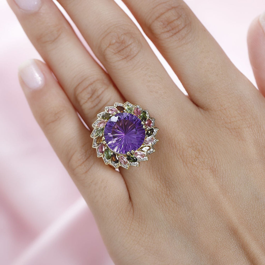 TJC EXCLUSIVE HANABI CUT  -  Amethyst and Multi Tourmaline Ring in 18K Gold Vermeil Sterling Silver 11.25 Ct