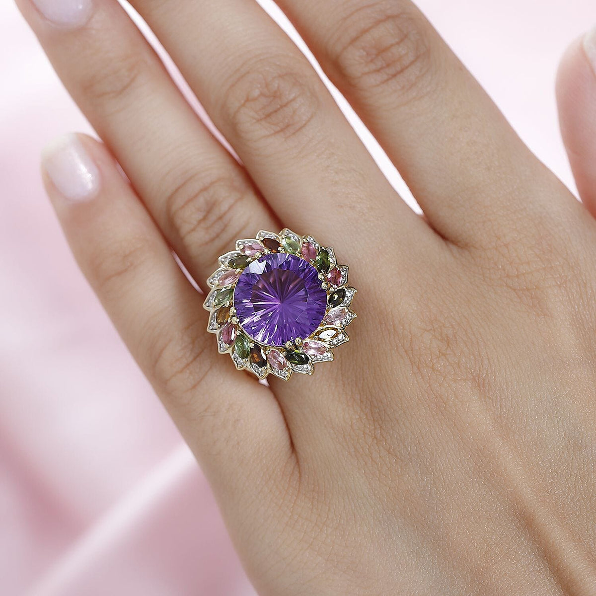 HANABI CUT - Amethyst and Multi Tourmaline Ring in 18K Vermeil Yellow Gold Plated Sterling Silver 11.25 Ct 7745325 2