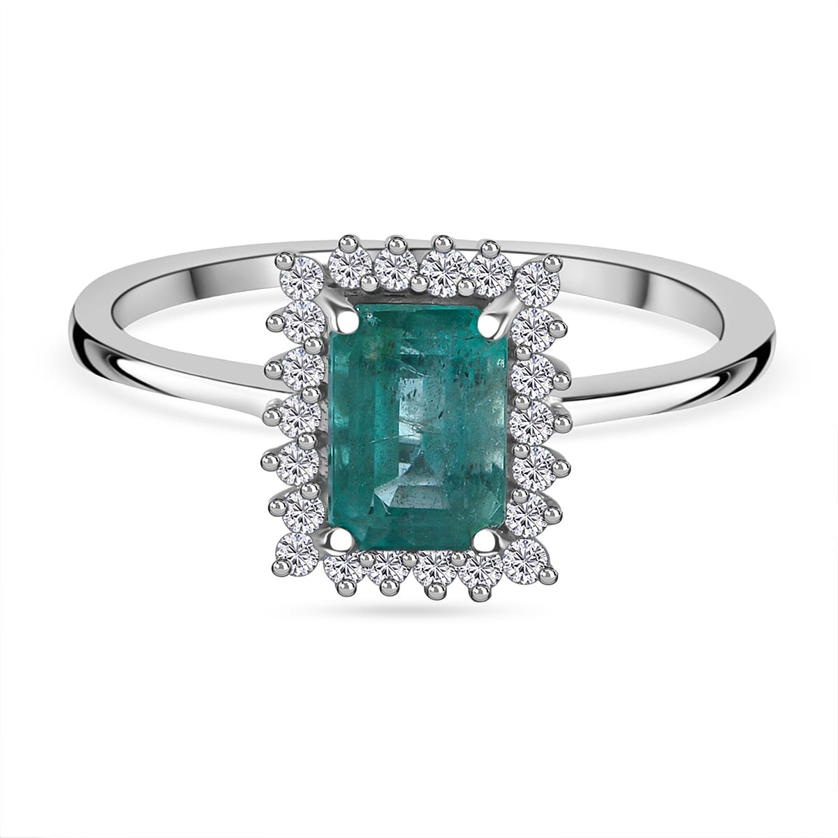 Glenstones - AAA Zambian Emerald and Diamond Halo Ring in Rhodium Overlay Sterling Silver 1.16 Ct. 7747123 0