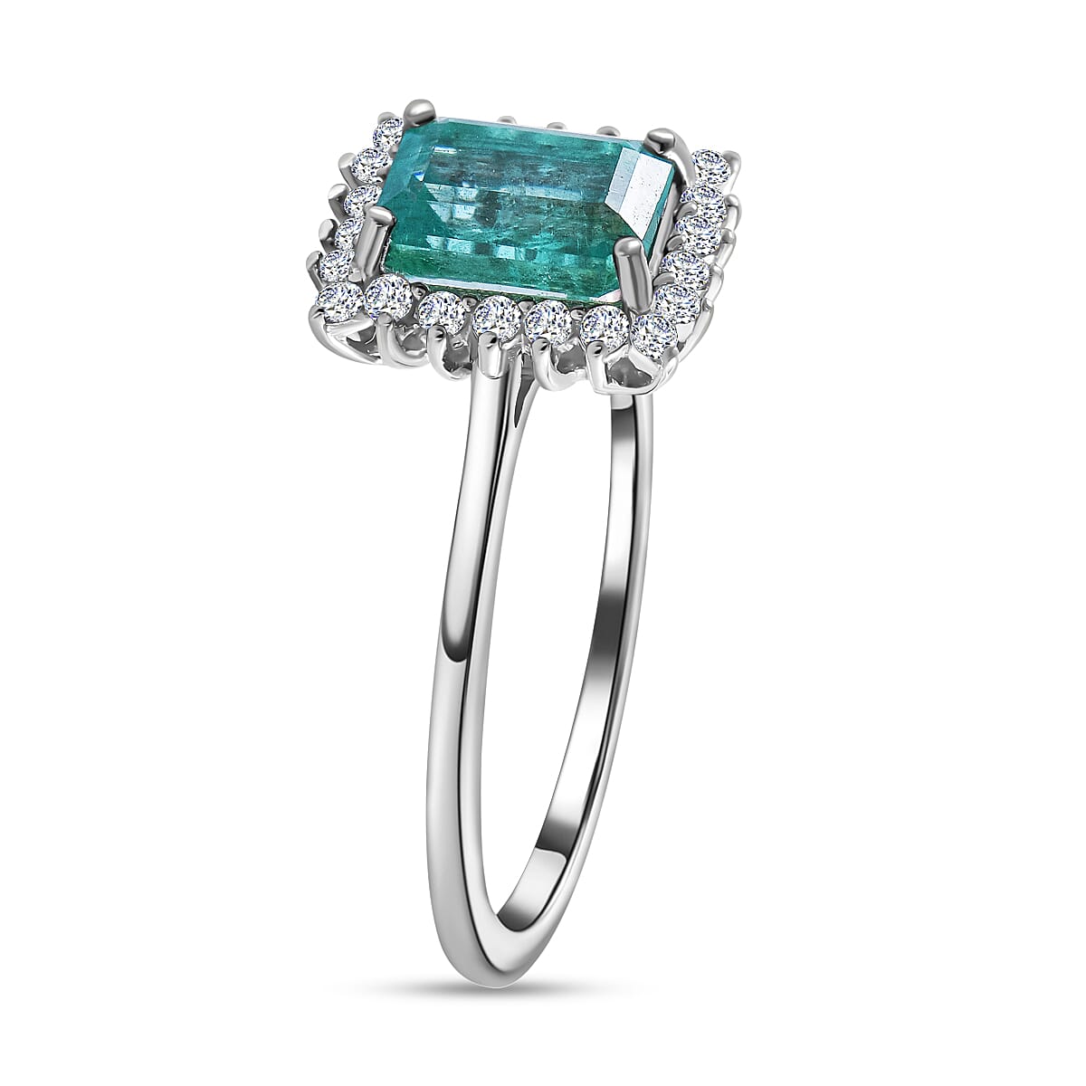 Glenstones - AAA Zambian Emerald and Diamond Halo Ring in Rhodium Overlay Sterling Silver 1.16 Ct. 7747123 3