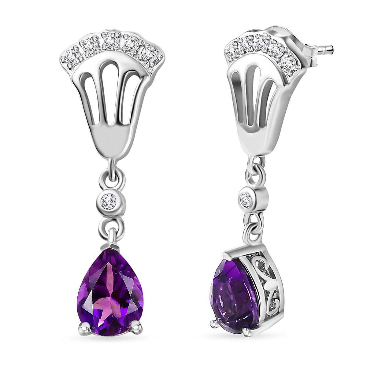 Moroccan Amethyst, White Zircon Solitaire Stud Push Post Dangle Earrings in Platinum Overlay Sterling Silver 2.426  Ct. 7748865 0