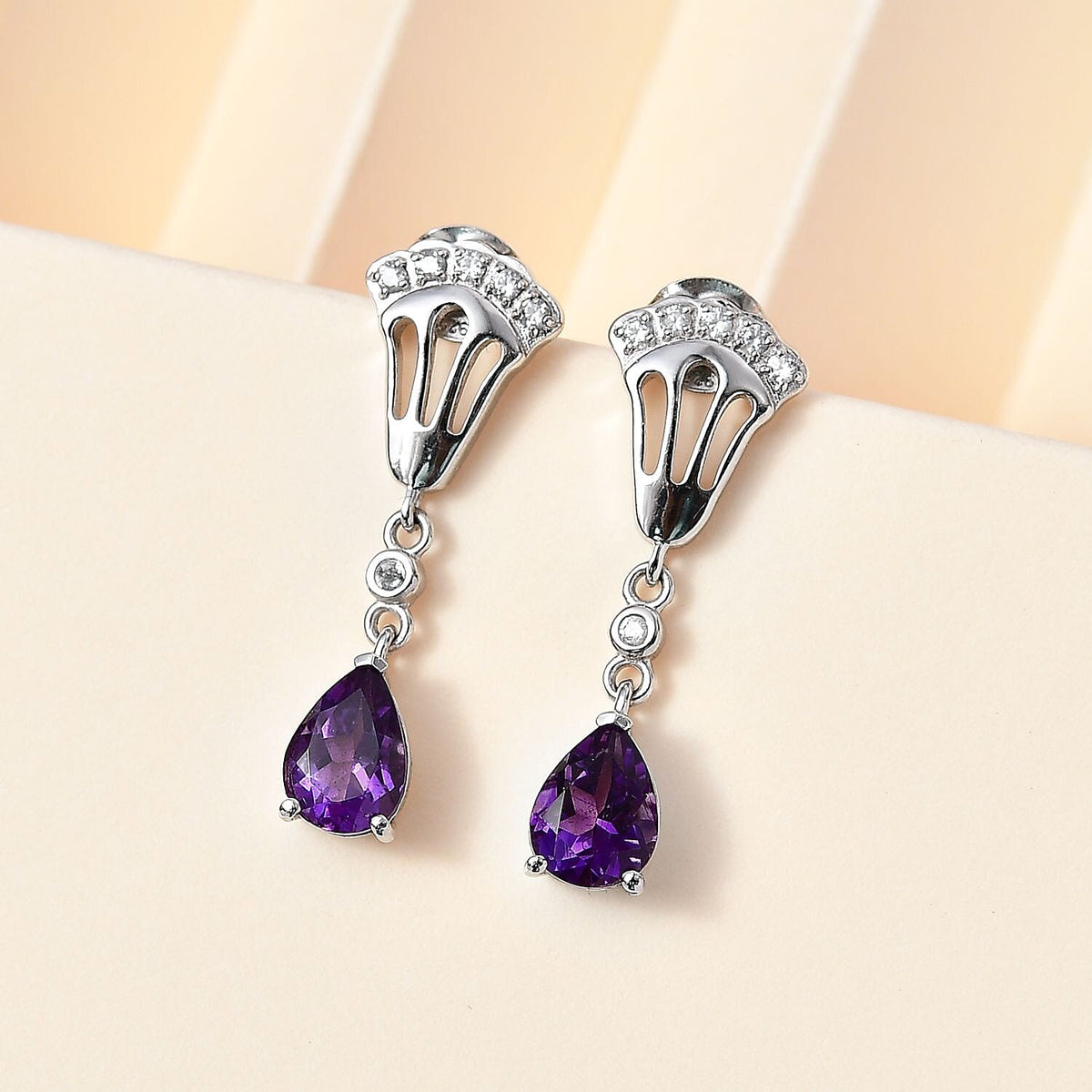Moroccan Amethyst, White Zircon Solitaire Stud Push Post Dangle Earrings in Platinum Overlay Sterling Silver 2.426  Ct. 7748865 1