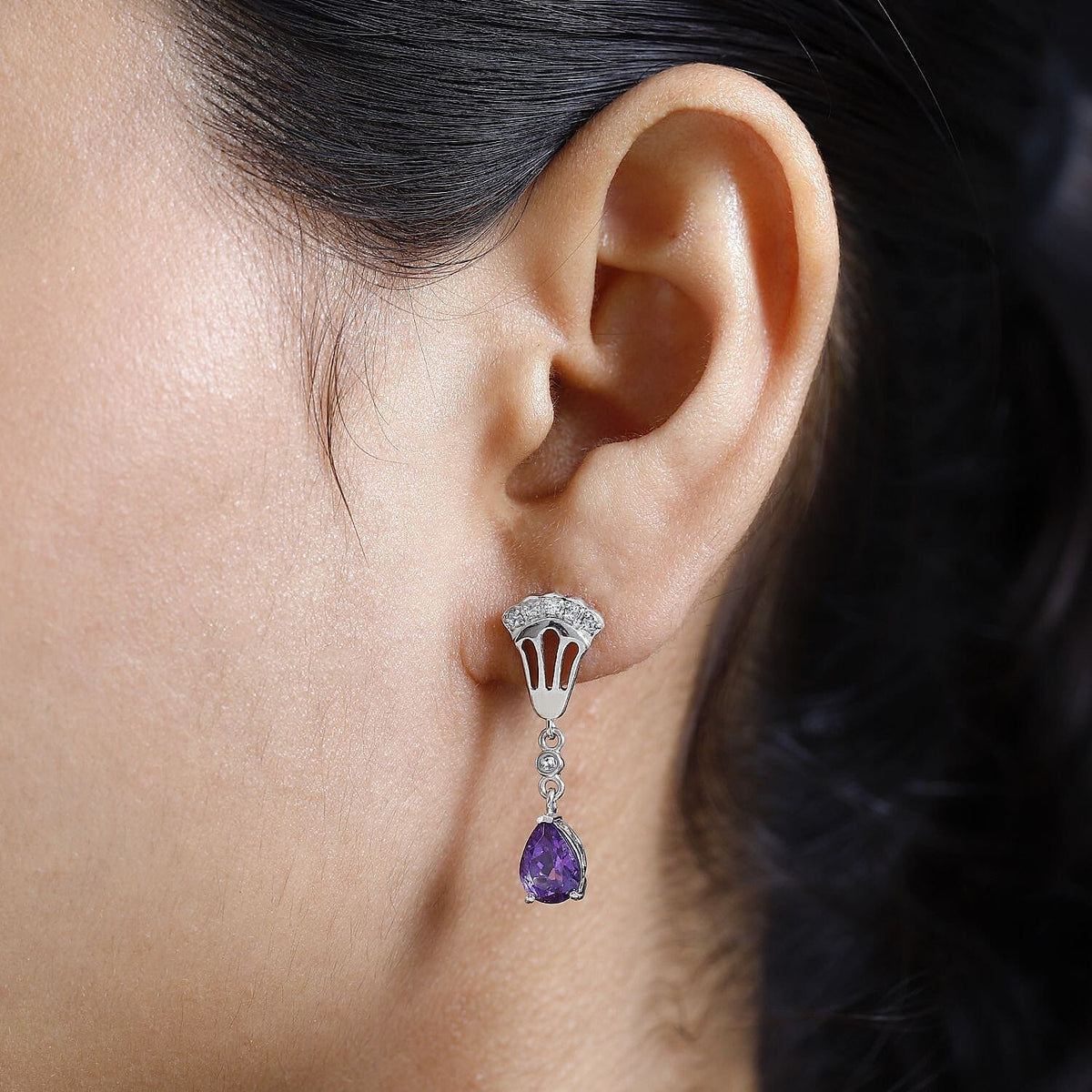 Moroccan Amethyst, White Zircon Solitaire Stud Push Post Dangle Earrings in Platinum Overlay Sterling Silver 2.426  Ct. 7748865 2