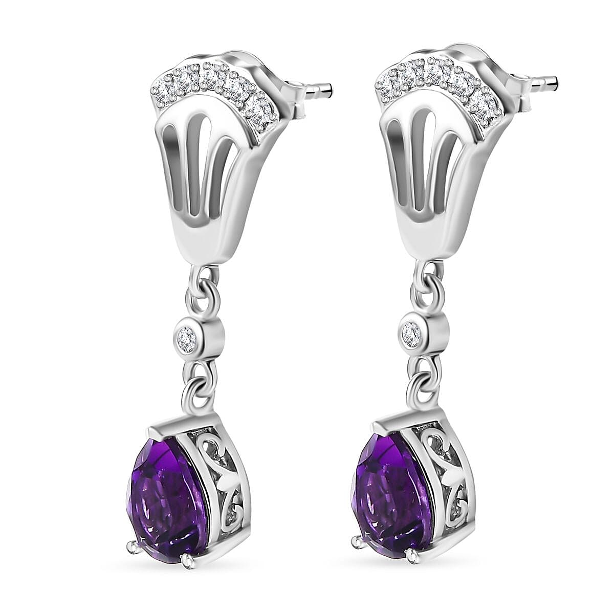 Moroccan Amethyst, White Zircon Solitaire Stud Push Post Dangle Earrings in Platinum Overlay Sterling Silver 2.426  Ct. 7748865 3