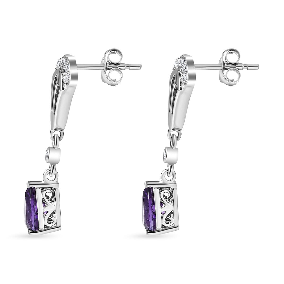 Moroccan Amethyst, White Zircon Solitaire Stud Push Post Dangle Earrings in Platinum Overlay Sterling Silver 2.426  Ct. 7748865 4