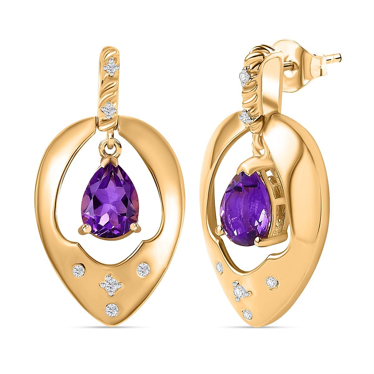 Moroccan Amethyst, White Zircon Solitaire Stud Push Post Earrings in 18K Vermeil YG Sterling Silver 2.264  Ct. 7751938 0
