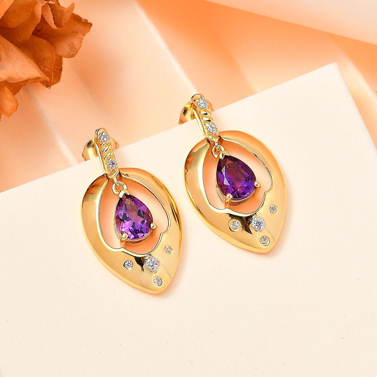 Moroccan Amethyst, White Zircon Solitaire Stud Push Post Earrings in 18K Vermeil YG Sterling Silver 2.264  Ct. 7751938 1