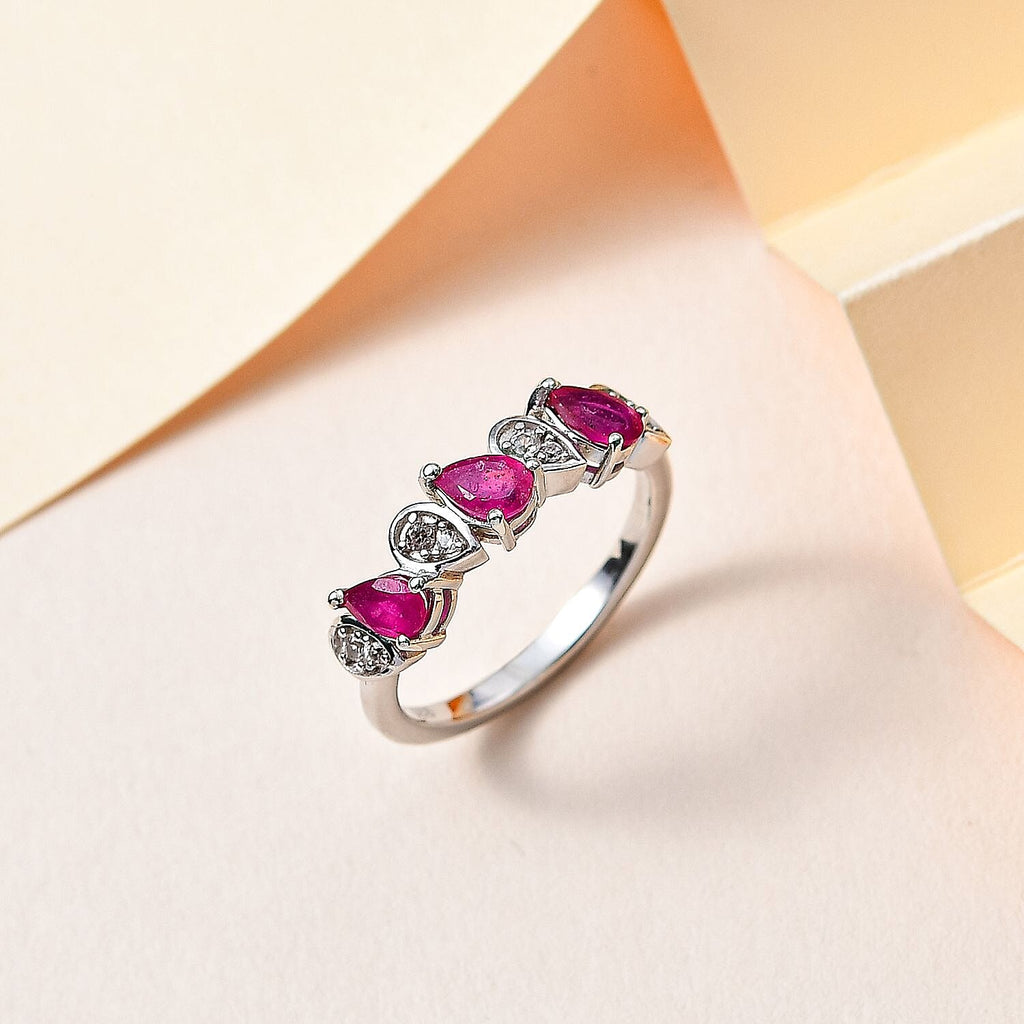 African Ruby & Natural Zircon Ring in Platinum Overlay Sterling Silver