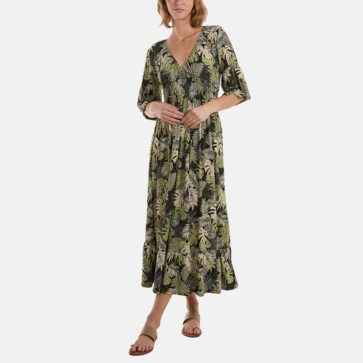 Nova of London Palm Leaf Printed Shirred Waist Stretch Midi Dress (Size S) - Black V32610199 1