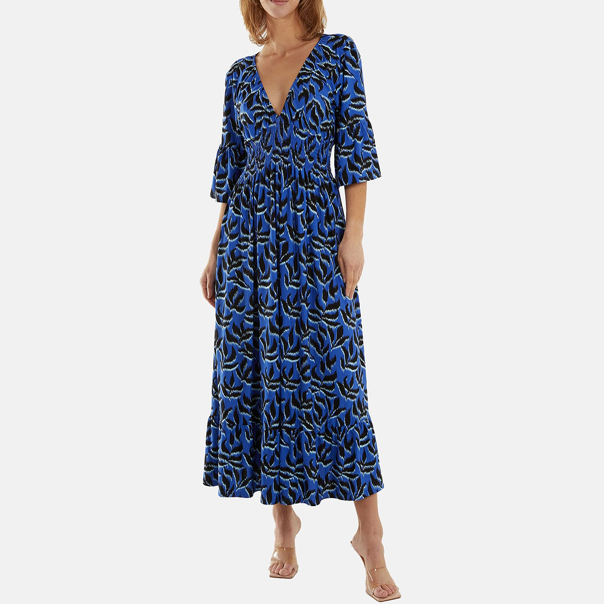 Nova of London Leaf Pattern Shirred Waist V Neck Stretch Dress (Size M) - Blue 7757089 0
