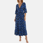 Nova of London Leaf Pattern Shirred Waist V Neck Stretch Dress (Size M) - Blue