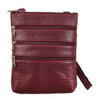 100% Genuine Leather Croco Embossed Crossbody Bag With Shoulder Strap - Burgundy