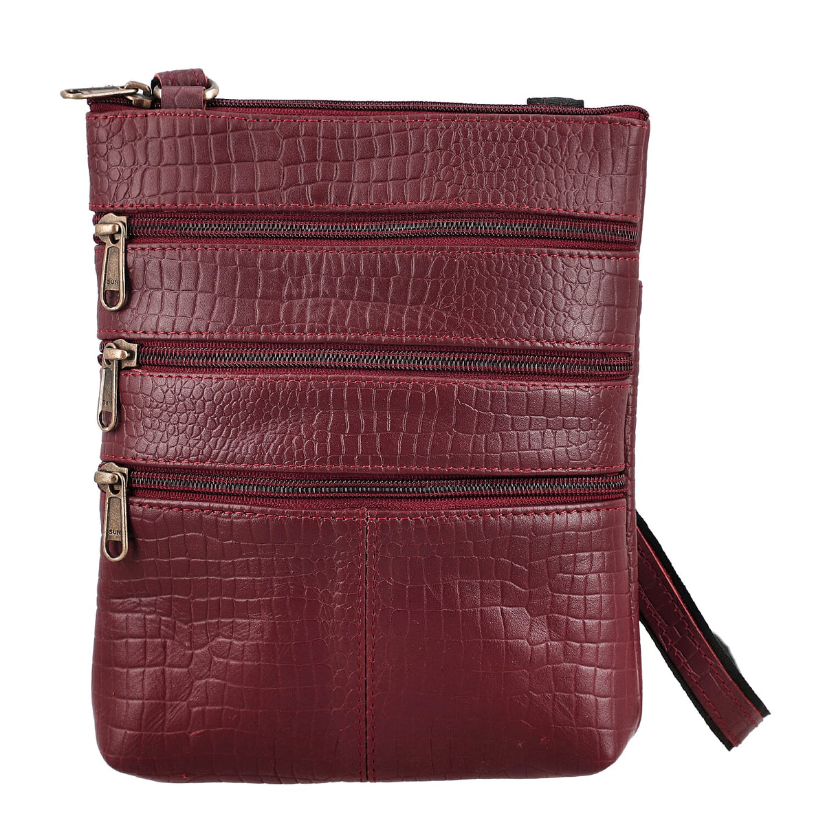 100% Genuine Leather Croco Embossed Crossbody Bag With Shoulder Strap - Burgundy V32636636 0