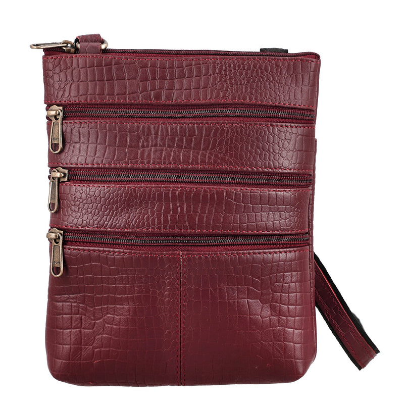 100% Genuine Leather Croco Embossed Crossbody Bag With Shoulder Strap - Burgundy