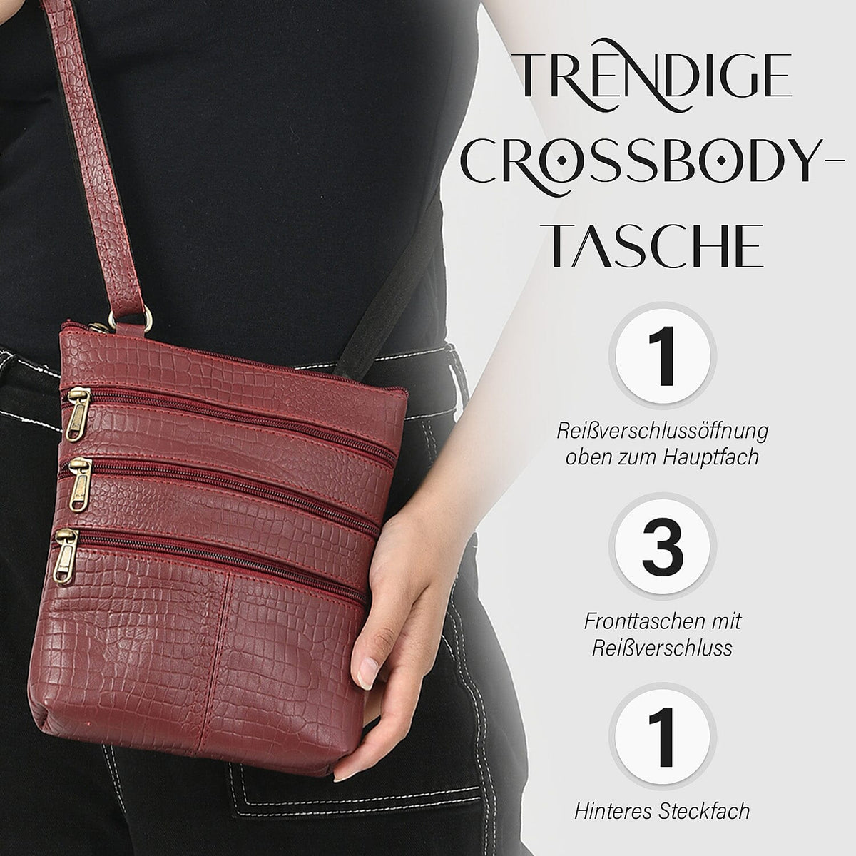 100% Genuine Leather Croco Embossed Crossbody Bag With Shoulder Strap - Burgundy V32636636 2