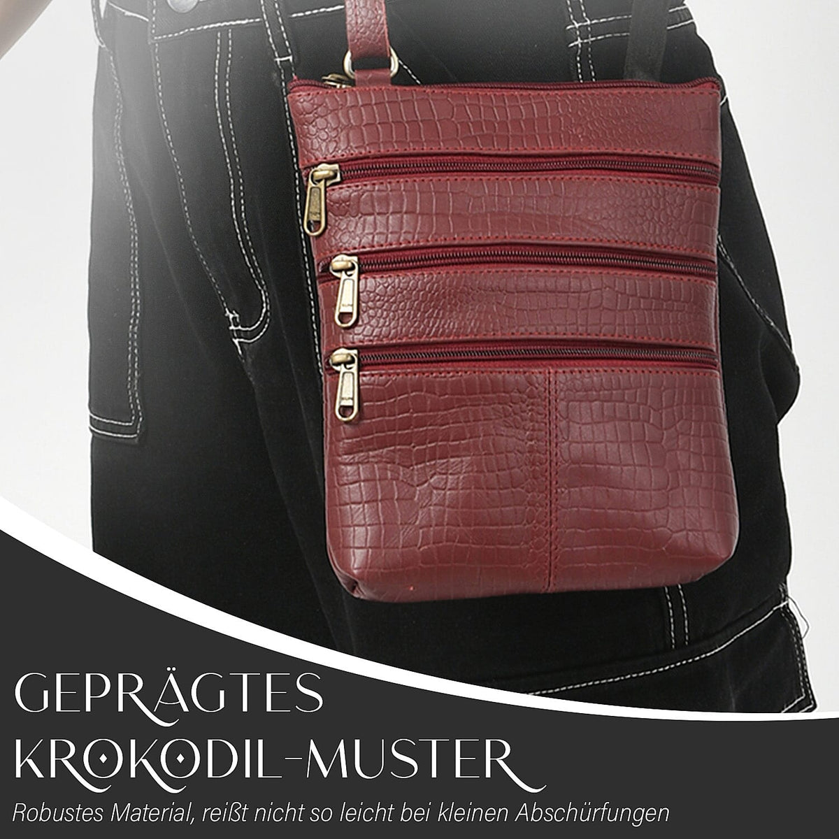 100% Genuine Leather Croco Embossed Crossbody Bag With Shoulder Strap - Burgundy V32636636 3