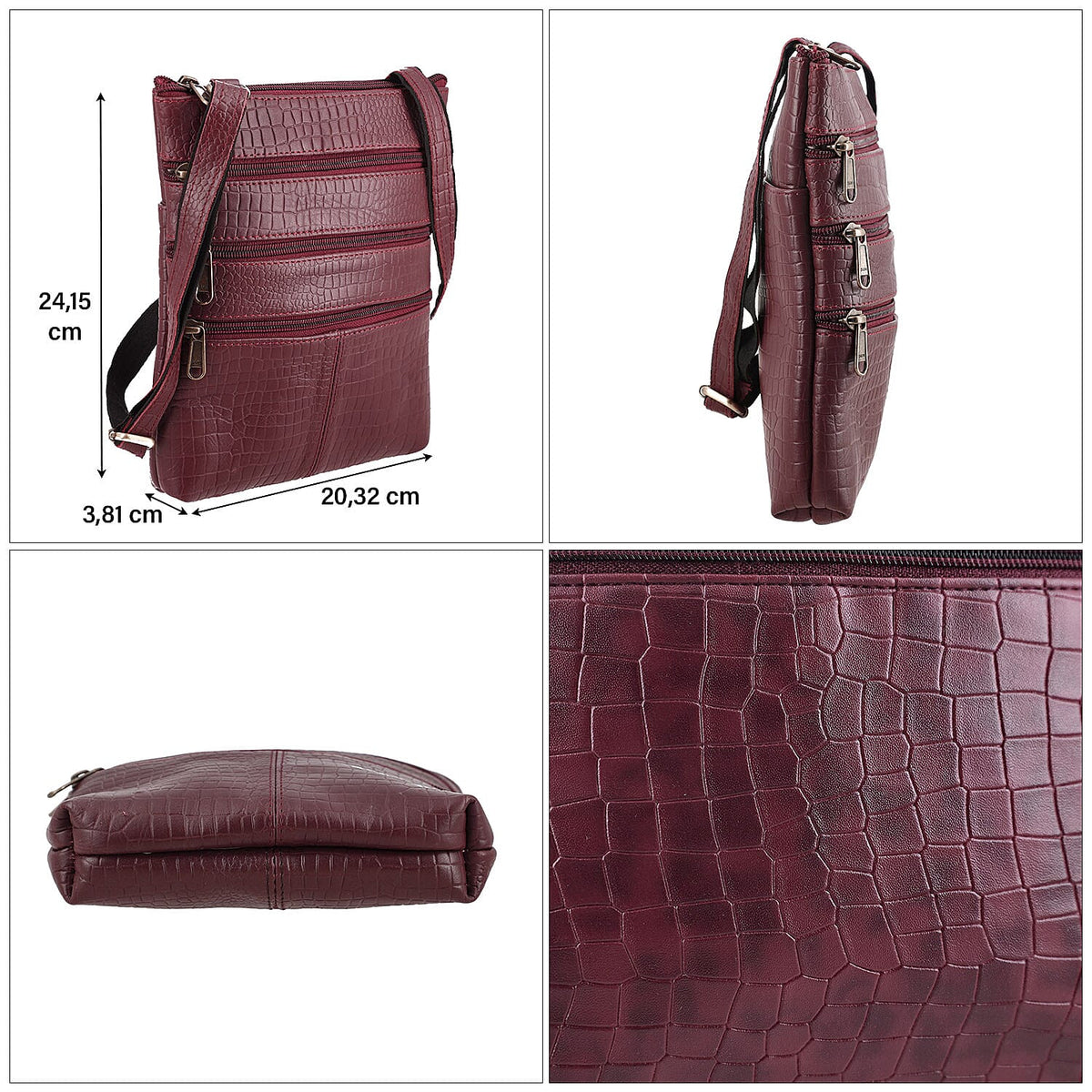 100% Genuine Leather Croco Embossed Crossbody Bag With Shoulder Strap - Burgundy V32636636 5