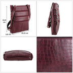 100% Genuine Leather Croco Embossed Crossbody Bag With Shoulder Strap - Burgundy