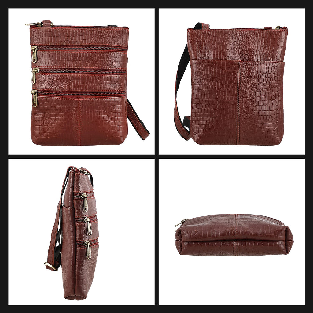 100% Genuine Leather Croco Embossed Crossbody Bag With Shoulder Strap - Burgundy
