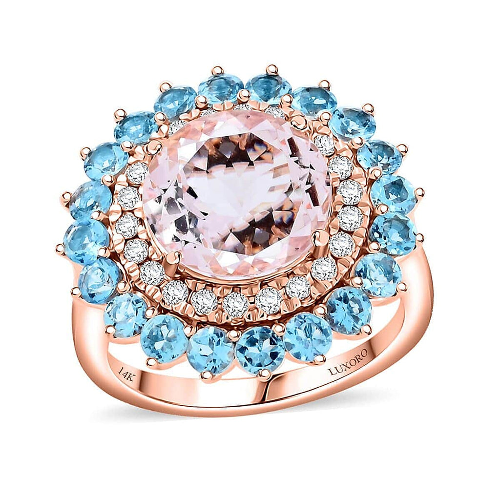 14K Rose Gold  AAA   Pink Morganite ,  Santamaria Aquamarine ,  White Diamond  I2 Ring 5.15 ct,  Gold Wt. 6.22 Gms  5.150  Ct.