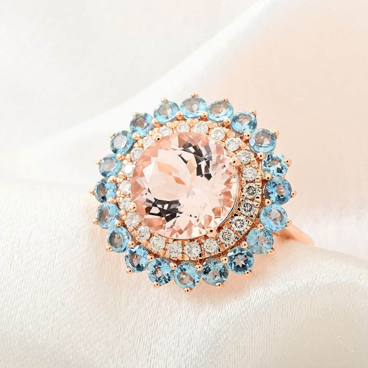 Certified and Appraised 14K Rose Gold AAA Pink Morganite, Santamaria Aquamarine, White Diamond I2 Halo Ring 5.15 ct, Gold Wt. 6.22 Gms 7858484 3