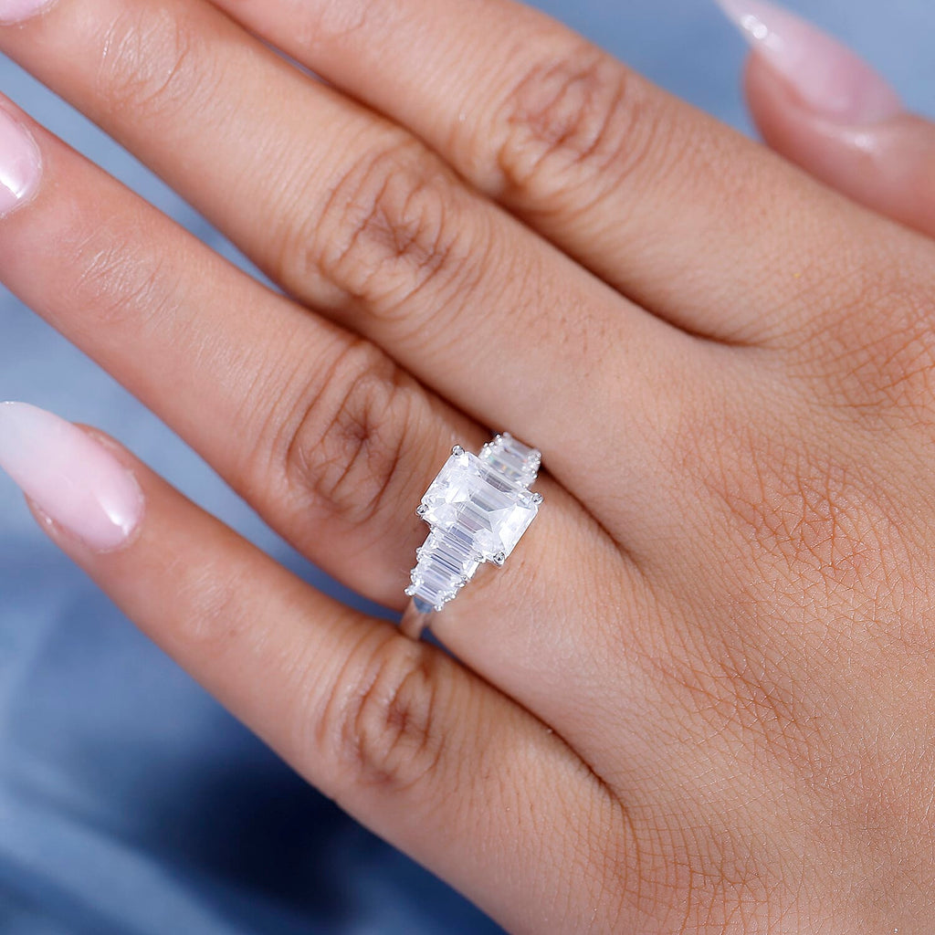 Moissanite Main Stone With Side Stone Ring in Rhodium Sterling Silver 3.27 Ct.