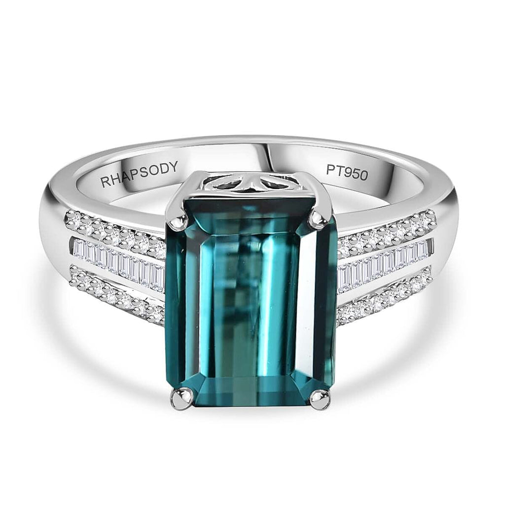 Biggest Indicolite At TJC - Rhapsody 950 Platinum GSI Certified AAAA Mutuca Indicolite & Natural Diamond VS-E-F Ring 4.25 Ct, Platinum Wt 6.72 Gms.