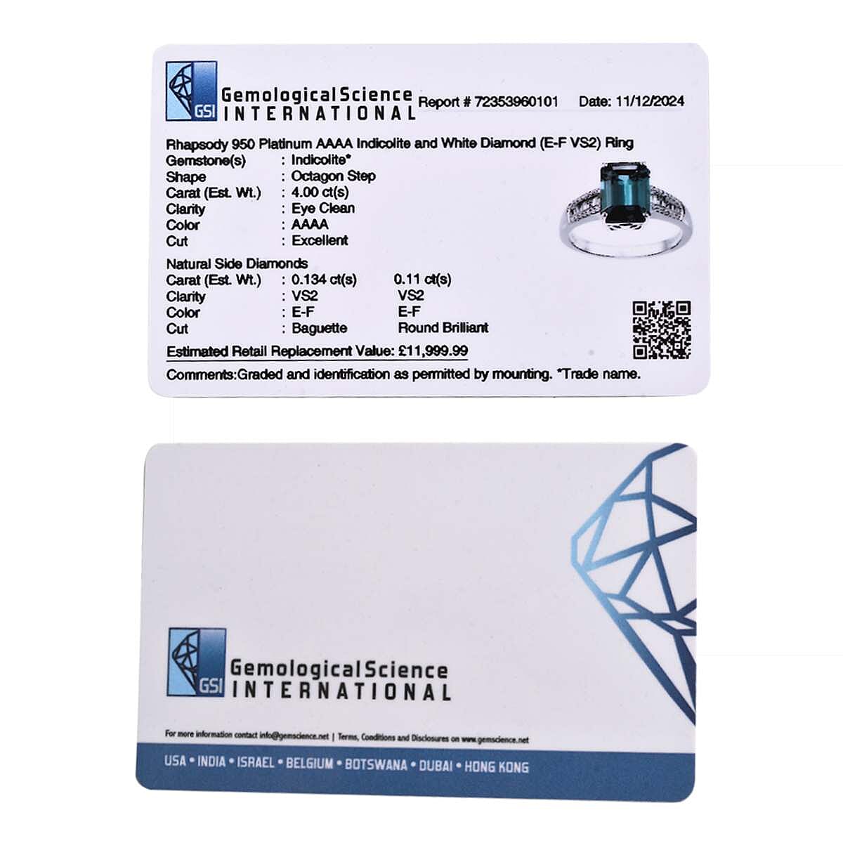 Rhapsody 950 Platinum GSI Certified AAAA Indicolite and White Diamond EF, VS2 Ring 4.22ct. 7878828 7