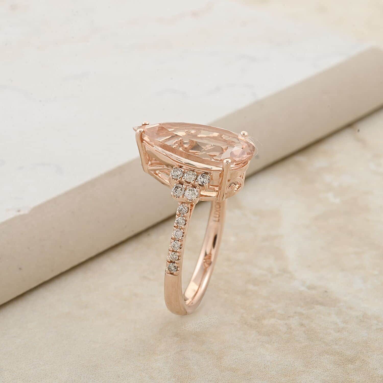 Certified and Appraised 14K Rose Gold AAA Morganite, White Diamond I2 Ring 6.50 ct., Gold Wt. 3.92 Gms 7928473 1