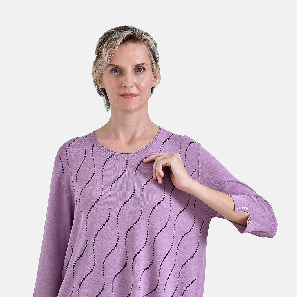 La Marey Wavy Pattern Three-Quarter Sleeve Blouse (Size L) - Purple