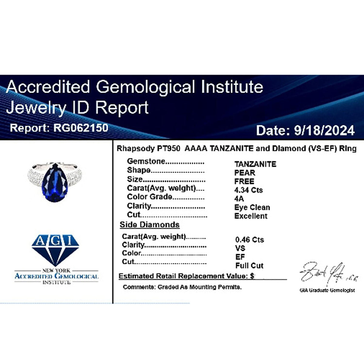 RHAPSODY AGI Certified 4.8 Ct. AAAA Tanzanite, White Diamond VS E-F Solitaire Ring in 950 Platinum 7937578 7