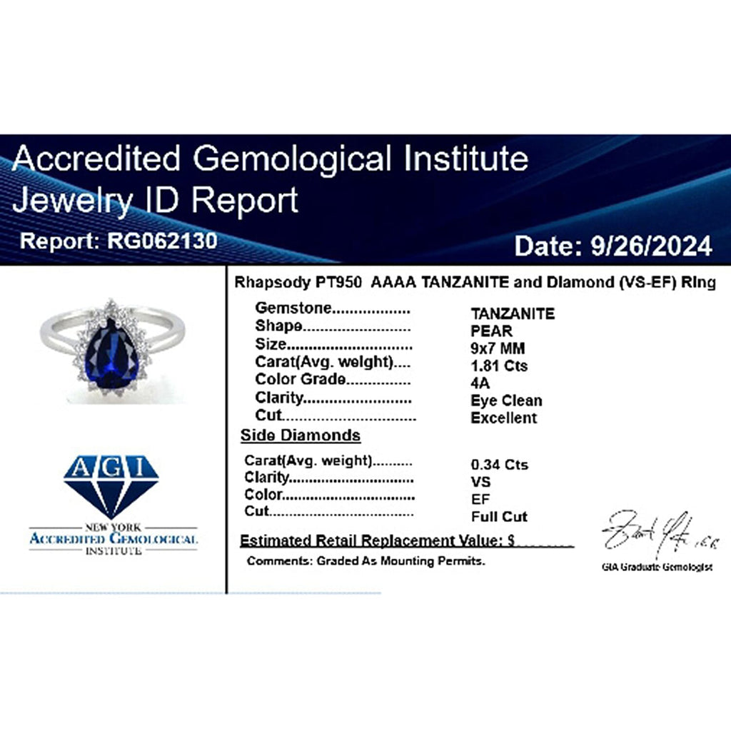 RHAPSODY 950 Platinum AGI Certified AAAA Tanzanite & White Diamond (VS-EF) Ring 2.15 Ct, Platinum Wt. 6.20 Gms.