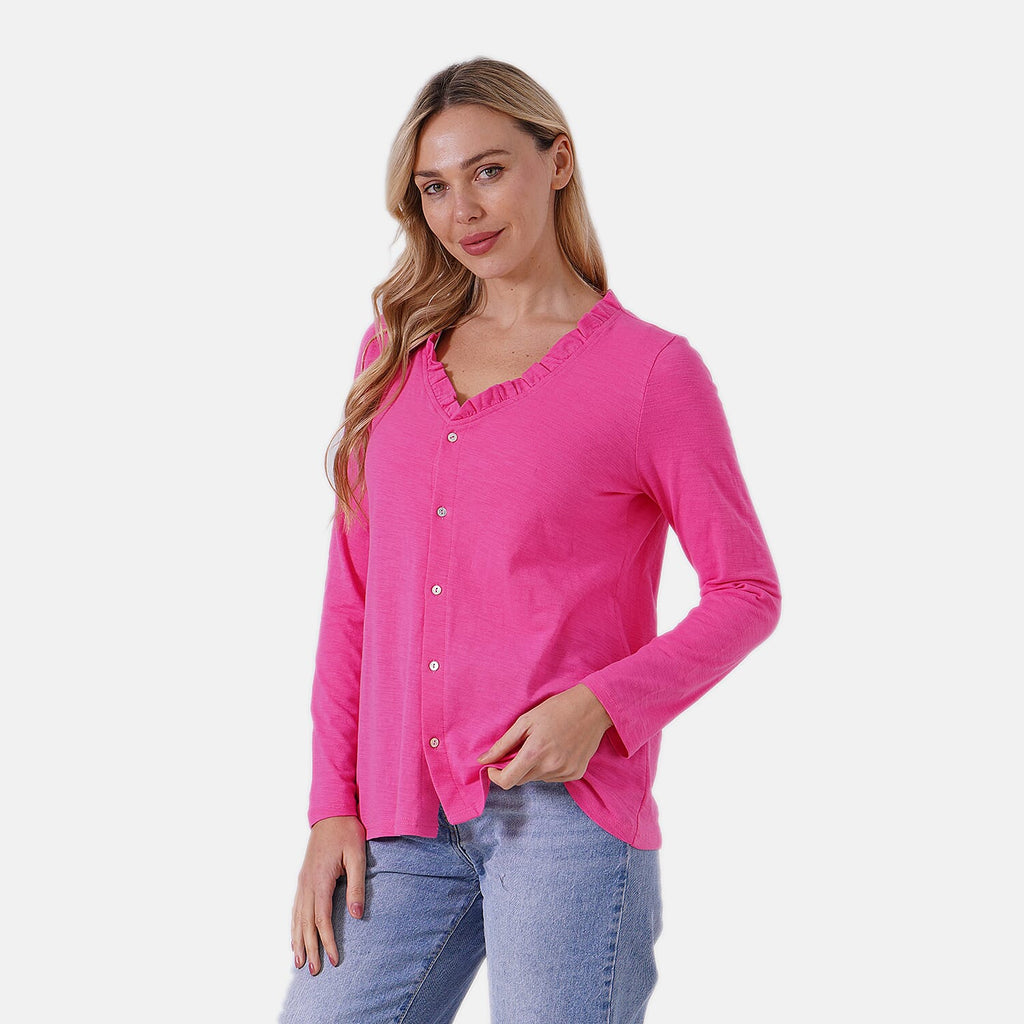 La Marey 100% Cotton Stylish Button-Up Long Sleeve Shirt with Frill Collar (Size 12 to 14) - Pink