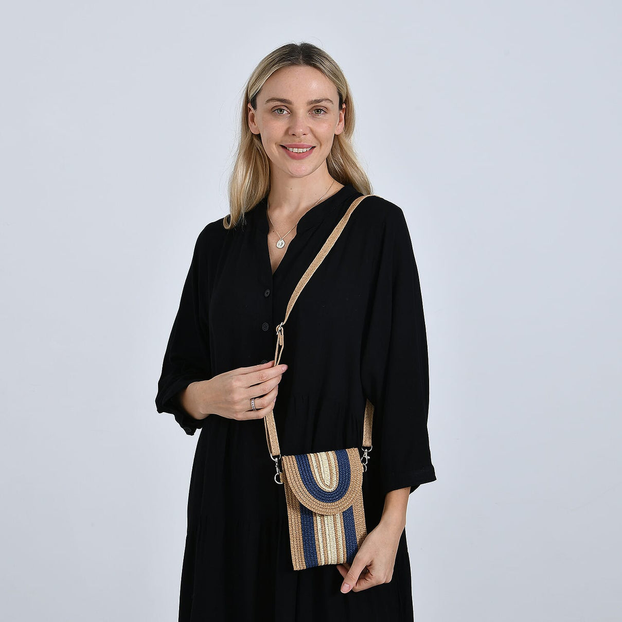 Bohemian Style Casual Summer Straw Crossbody Phone Bag with Striped Pattern - Khaki &amp; Navy 8034559 1